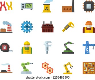 Color flat icon set crane flat vector, tape measure, trammel, factory, manufactory, plant, cogwheel, construction worker, motherboard, robotics, chromosomes, nuclear power, oscilloscope