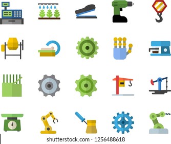 Color flat icon set crane flat vector, hook, concrete mixer, drill screwdriver, weighing machine, turk, coffee, sprinkling, oil pumping, cogwheel, fabric manufacture, cash, tomograph, stapler