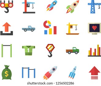 Color flat icon set crane flat vector, hook, pickup truck, rocket, wealth, statistics, computer diagnostics of health, statistic, parallel bars, sport T shirt, upload