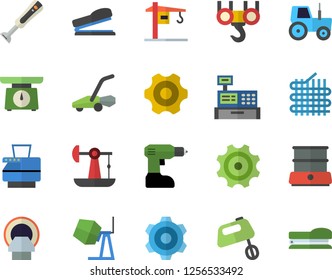 Color flat icon set crane flat vector, hook, concrete mixer, cogwheel, drill screwdriver, weighing machine, double boiler, blender, tractor, lawn mower, oil pumping, fabric manufacture, cash, copy