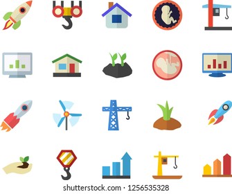 Color flat icon set crane flat vector, hook, seedlings, planting plants, house, rocket, embryo, computer chart, windmill, achievement