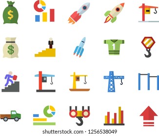 Color flat icon set crane flat vector, hook, pickup truck, rocket, wealth, statistics, statistic, career ladder, parallel bars, sport T shirt, upload