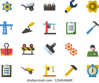 Color flat icon set crane flat vector, trowel, wheelbarrow, cogwheel, putty knife, hammer, barrier, garden, wrench, telephone operator, clipboard, meeting, binder clip, alarm clock