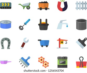 Color flat icon set crane flat vector, wheelbarrow, putty knife, faucet, saute, whisk, electric stove, canned food, horseshoe, conveyor, pipe production, wrench, mining, radiator, metallurgy, magnet