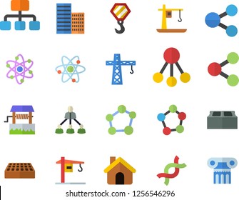 Color flat icon set crane flat vector, house, hook, skyscraper, brick, well, hierarchy, molecules, DNA, molecule, atom, antique column fector