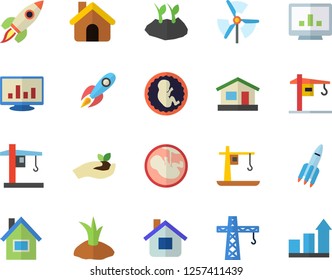 Color flat icon set crane flat vector, house, seedlings, planting plants, rocket, embryo, computer chart, windmill, achievement