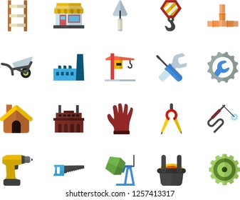 Color flat icon set crane flat vector, house, hook, concrete mixer, trowel, tool, drill screwdriver, pipes, repair, grain warehouse, saw, ladder, garden wheelbarrow, gloves, manufactory, plant