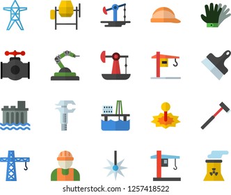 Color flat icon set crane flat vector, builder, concrete mixer, hard hat, putty knife, ax, gloves, oil production platform, pumping, main pipeline, power line support, hydroelectric station, laser