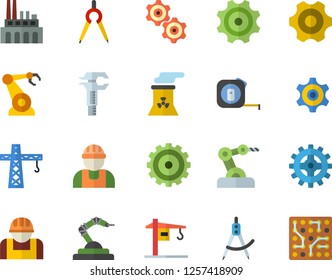 Color flat icon set crane flat vector, builder, cogwheel, tape measure, plant, construction worker, robotics, dividers, trammel, nuclear power, industrial robot, electronic circuit