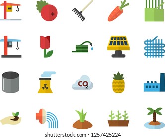 Color flat icon set crane flat vector, cranberry, pineapple, carrot, hose, seedlings, rake, planting plants, irrigation, tulip, solar battery, manufactory, fabric manufacture, carbon dioxide