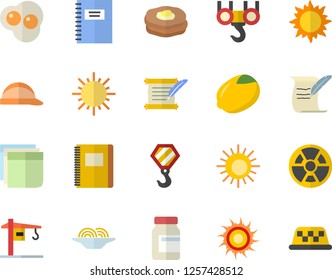 Color flat icon set crane flat vector, hook, hard hat, lemon, spaghetti, scrambled eggs, pancakes, sun, radiation, sticker, hostory roll, notebook, vitamins, fector, taxi