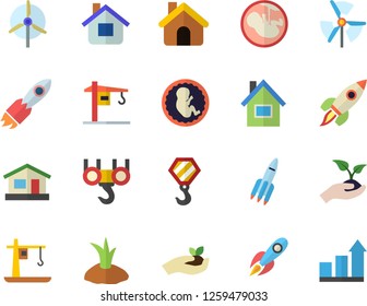 Color flat icon set crane flat vector, house, hook, seedlings, planting plants, rocket, embryo, windmill, achievement chart