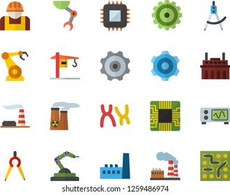 Color flat icon set crane flat vector, cogwheel, factory, manufactory, plant, construction worker, motherboard, robotics, dividers, chromosomes, robot hand, nuclear power, oscilloscope