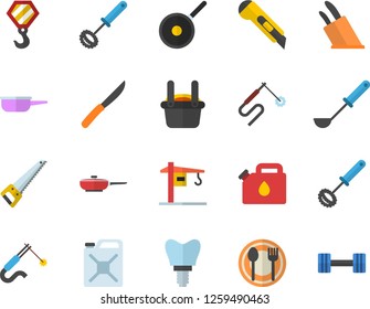 Color flat icon set crane flat vector, hook, saw, stationery knife, frying pan, saute, teflon, ladle, whisk, knives, table setting, canister, welding, metallurgy, implant, dumbbell