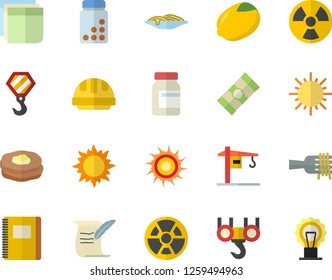 Color flat icon set crane flat vector, hook, hard hat, spaghetti, lemon, on a fork, pancakes, sun, radiation, sticker, hostory roll, notebook, vitamins, fector, lamp