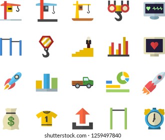 Color flat icon set crane flat vector, hook, pickup truck, rocket, wealth, statistics, computer diagnostics of health, statistic, career ladder, parallel bars, sport T shirt, upload, alarm clock