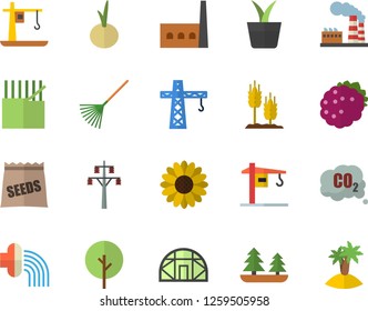 Color flat icon set crane flat vector, onion, blackberry, seeds, ear, home plant, tree, flower, rake, hose irrigation, greenhouse, factory, forest, power line support, manufactory, carbon dioxide