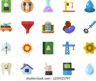 Color flat icon set crane flat vector, cogwheel, whisk, table setting, legumes, house, drop, funnel, tooth, flask, windmill, baggage claim fector, sun, hotel, transfer, pass, indicate, notebook