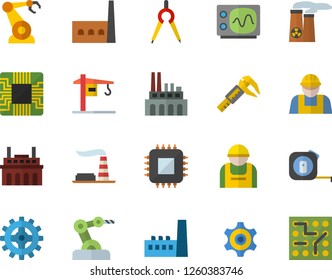 Color flat icon set crane flat vector, builder, tape measure, trammel, factory, manufactory, plant, cogwheel, construction worker, motherboard, robotics, dividers, nuclear power, oscilloscope