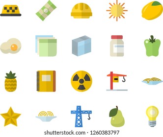 Color flat icon set crane flat vector, hard hat, spaghetti, lemon, bell pepper, scrambled eggs, pineapple, pear, sun, radiation, sticker, notebook, vitamins, taxi fector, favorites, lamp