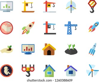 Color flat icon set crane flat vector, house, hook, seedlings, planting plants, rocket, embryo, computer chart, windmill