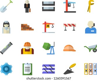 Color flat icon set crane flat vector, brick wall, concrete mixer, trowel, wheelbarrow, cogwheel, tool, level meter, hard hat, barrier, shovel, construction worker, nurse, clipboard, phone operator