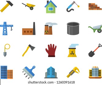 Color flat icon set crane flat vector, house, brick wall, wheelbarrow, skyscraper, putty knife, construction plummet, ax, hammer, shovel, gloves, trammel, manufactory, pipe production, welding
