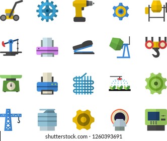 Color flat icon set crane flat vector, hook, concrete mixer, cogwheel, drill screwdriver, weighing machine, sprinkling, lawn mower, oil pumping, fabric manufacture, tomograph, printer, copy, stapler