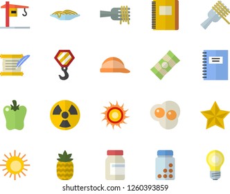 Color flat icon set crane flat vector, hook, hard hat, spaghetti, on a fork, bell pepper, scrambled eggs, pineapple, radiation, hostory roll, notebook, vitamins, sun fector, favorites, lamp