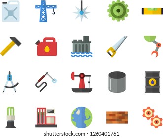 Color flat icon set crane flat vector, brick wall, saw, level meter, hammer, oil pumping, gas station, earth, tanks, hydroelectric power, energy saving lamp, canister, laser, pipe production