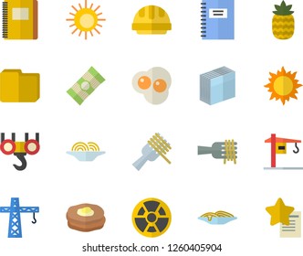 Color flat icon set crane flat vector, hook, hard hat, spaghetti, on a fork, scrambled eggs, pineapple, pancakes, sun, radiation, computer file, sticker, notebook, fector, favorites
