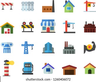 Color flat icon set crane flat vector, house, heating batteries, barrier, refueling, manufactory, plant, store front, lighthouse, warehouse, office building, muscles, antique column fector