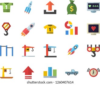 Color flat icon set crane flat vector, hook, pickup truck, rocket, wealth, statistics, computer diagnostics of health, statistic, parallel bars, sport T shirt, upload, alarm clock