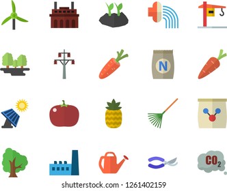 Color flat icon set crane flat vector, tomato, pineapple, fertilizer vectory, carrot, tree, secateurs, rake, watering can, planting plants, hose irrigation, solar battery, windmill, forest, plant