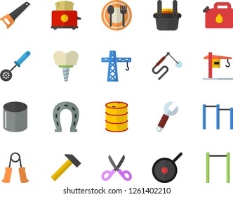Color flat icon set crane flat vector, saw, hammer, teflon, kitchen spoon, scissors, toaster, table setting, horseshoe, oil tanks, canister, pipe production, welding, wrench, metallurgy, implant