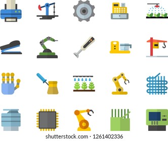 Color flat icon set crane flat vector, turk, blender, food processor, sprinkling machine, oil pumping, fabric manufacture, robotics, cash, printer, copy, stapler, robot hand, cpu, cogwheel
