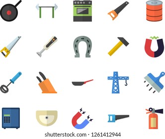 Color flat icon set crane flat vector, saw, sink, putty knife, hammer, frying pan, teflon, whisk, knives, electric stove, blender, canned food, horseshoe, magnet, barbell, safe fector