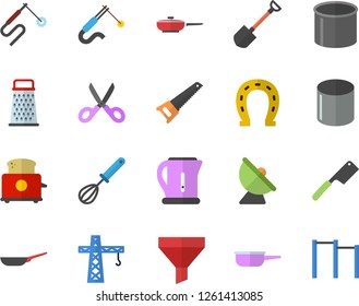Color flat icon set crane flat vector, saw, frying pan, saute, electric kettle, whisk, knives, scissors, toaster, grater, horseshoe, shovel, satellite antenna, pipe production, welding, funnel