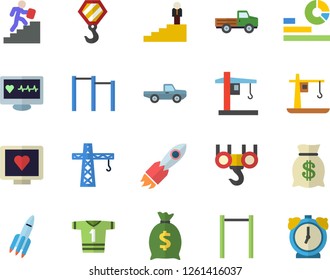 Color flat icon set crane flat vector, hook, pickup truck, rocket, wealth, statistics, computer diagnostics of health, career ladder, parallel bars, sport T shirt, alarm clock