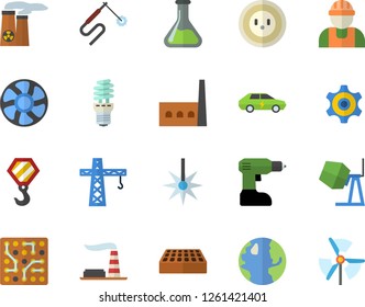 Color flat icon set crane flat vector, builder, hook, concrete mixer, drill screwdriver, brick, ventilation, chemistry, earth, factory, socket, manufactory, energy saving lamp, electric cars, laser