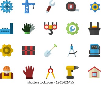 Color flat icon set crane flat vector, hook, cogwheel, drill screwdriver, tape measure, tile, repair, shovel, gloves, refueling, manufactory, construction worker, dividers, wrench, metallurgy, house