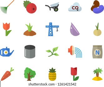 Color flat icon set crane flat vector, legumes, garlic, onion, cranberry, pineapple, fertilizer vectory, carrot, tree, rake, watering can, planting plants, hose irrigation, garden wheelbarrow, tulip