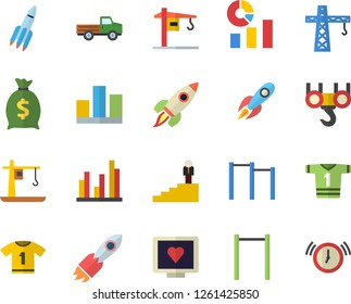 Color flat icon set crane flat vector, hook, pickup truck, rocket, wealth, statistics, computer diagnostics of health, statistic, career ladder, parallel bars, sport T shirt, alarm clock