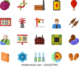 Color flat icon set crane flat vector, cogwheel, groats, legumes, shashlik, blackberry, windmill, battery, manufactory, plant, motherboard, person, calendar, injury, ampoule, DNA, chart, balloon