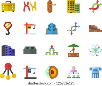 Color flat icon set crane flat vector, brick wall, hook, tool bag, door lock, skyscraper, well, hierarchy, DNA, chromosomes, office building, atom, classification, core of the earth fector