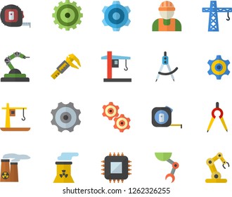 Color flat icon set crane flat vector, builder, cogwheel, tape measure, trammel, motherboard, robotics, dividers, robot hand, nuclear power plant, industrial