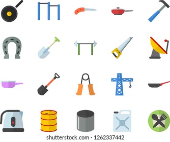 Color flat icon set crane flat vector, saw, hammer, frying pan, saute, teflon, electric kettle, horseshoe, shovel, knife, oil tanks, canister, satellite antenna, pipe production, barbell