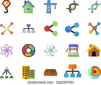 Color flat icon set crane flat vector, house, hook, skyscraper, brick, well, hierarchy, molecules, DNA, clircle diagram, molecule, atom, classification, core of the earth fector