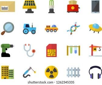 Color flat icon set crane flat vector, drill screwdriver, skyscraper, toaster, tractor, solar battery, radiation, energy saving lamp, welding, SIM card, radiator, barcode, stethoscope, DNA, beakers