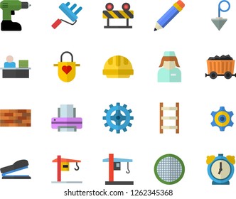 Color flat icon set crane flat vector, brick wall, drill screwdriver, paint roller, hard hat, construction plummet, barrier, apron, sieve, ladder, cogwheel, mining, nurse, office worker, printer